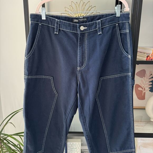 Zara Men’s Jeans Size 34 Blue Dark Wash Slouchy Fit Canvas Carpenter Work Style - Picture 2 of 10